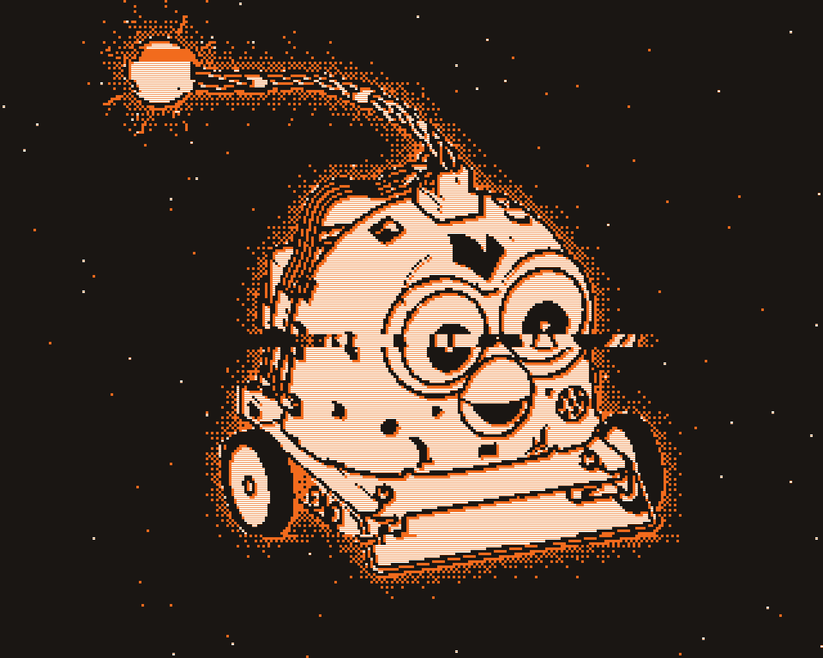 Dessin au trait tramé et glitché d'un Bricobot : la coque d'un Furby posée sur un socle à roues, la prise sur la tête, et le fil qui monte vers une lampe