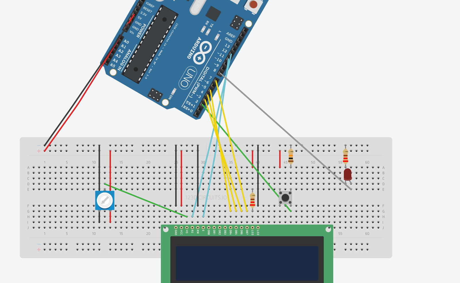 Schéma de câblage sur plaque d'essai : la carte Arduino, l'écran, le potentiomètre de contraste, le bouton et la LED
