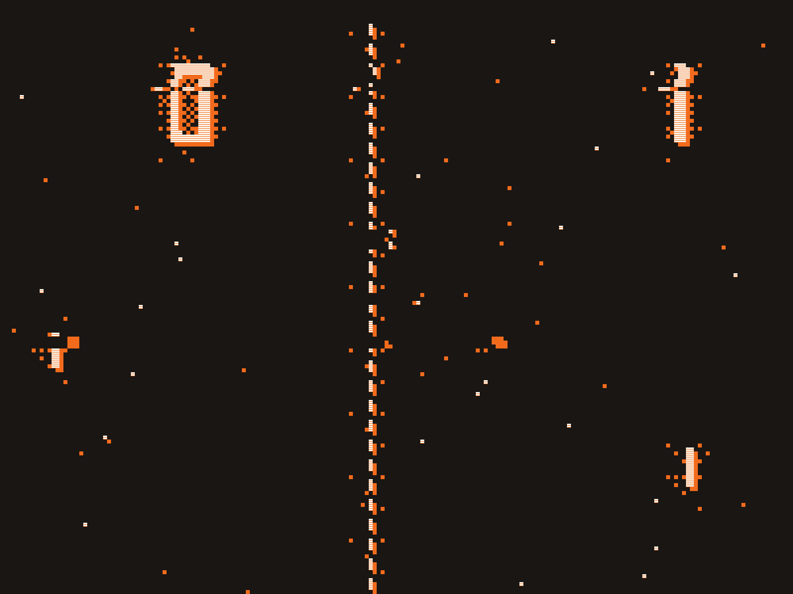 L'écran de Pong, tramé et glitché : deux raquettes, une balle, la ligne médiane en pointillé et le score, zéro à un