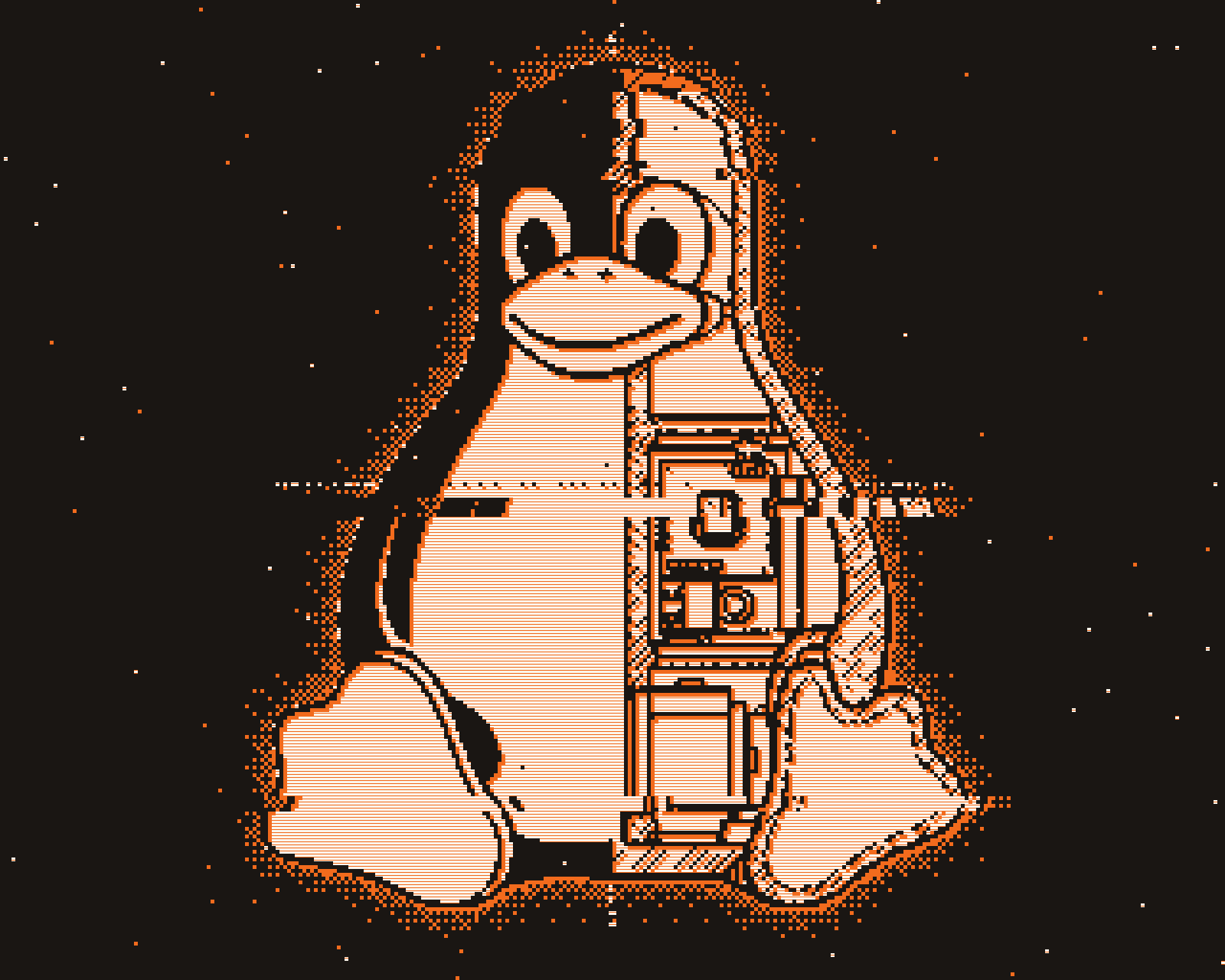 Tux, la mascotte de Linux, dessinée en coupe, tramée et glitchée comme sur un vieil écran : la moitié droite laisse voir une carte électronique à l'intérieur